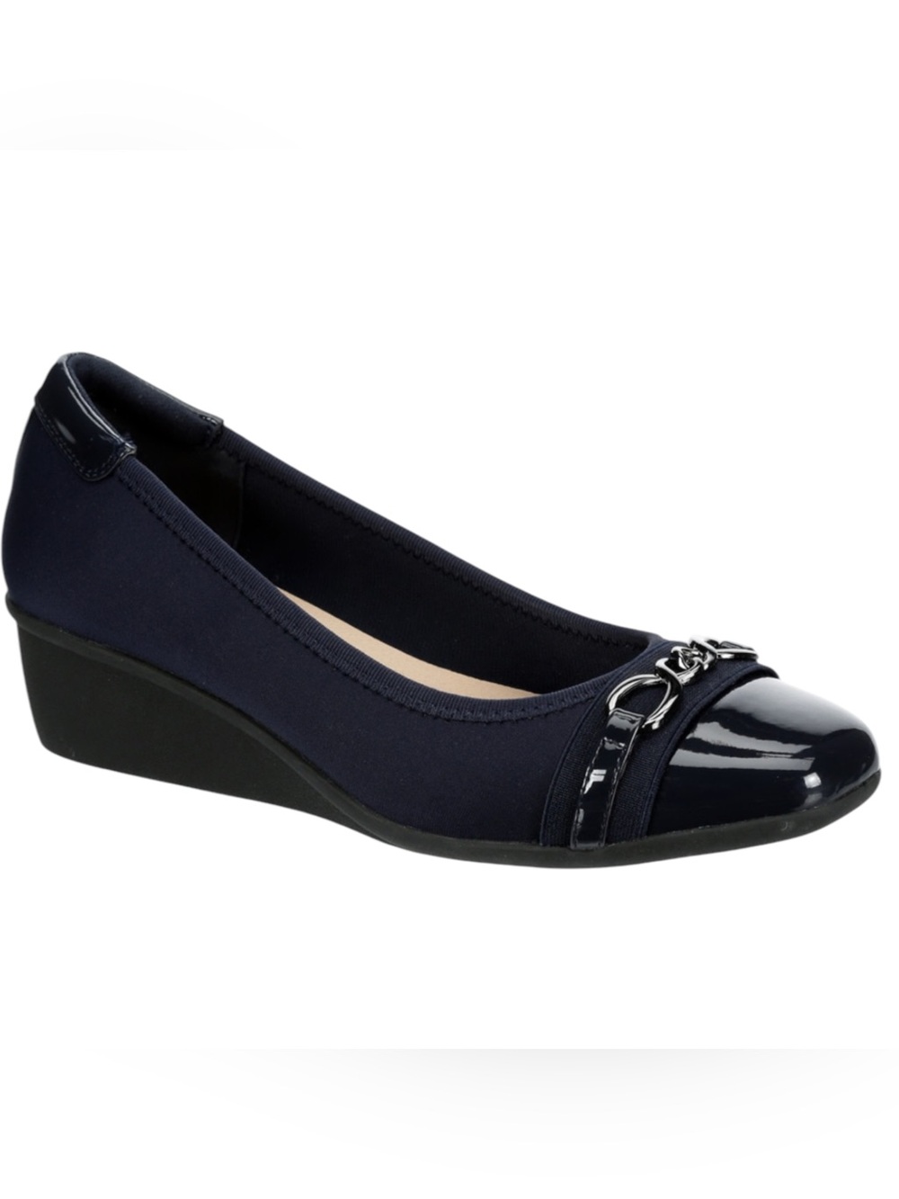 Lauren Blackwell Kit Navy Blue Wedge  Pump w/Patent Toe & Buckle Accent 8 M NWOT